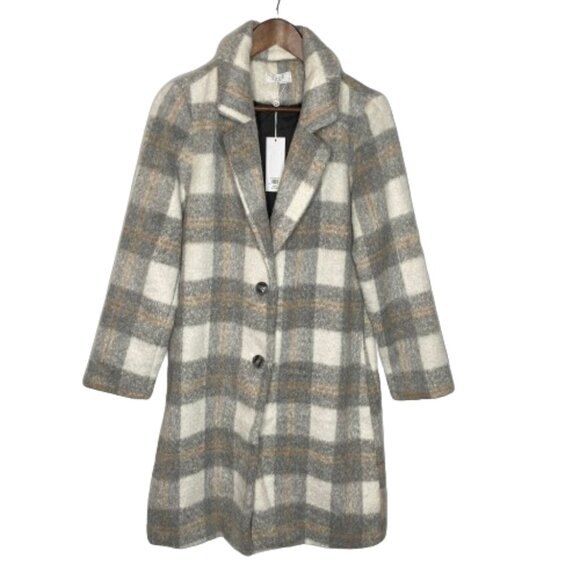 NWT Sage The Label Womens Charlie Plaid Long Coat XS - Ivory Gray Academia - Picture 1 of 16